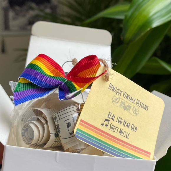 Rainbow Antique Sheet Music Glass Christmas Ornament - Picture 3 of 3